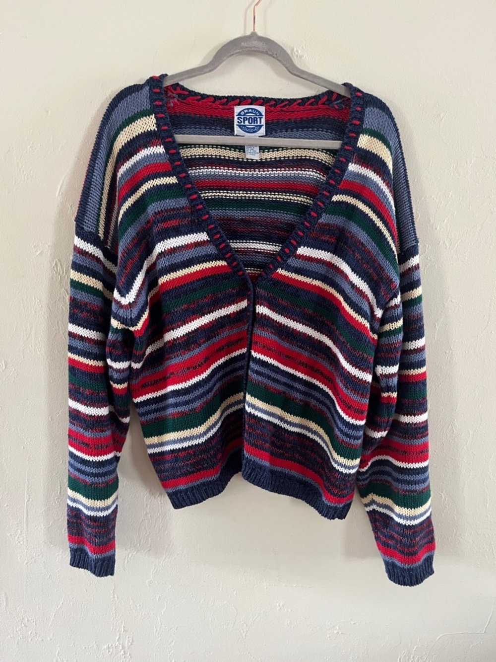 Striped Cardigan Sweater 90s Nautical Ramie Cotton Size Large